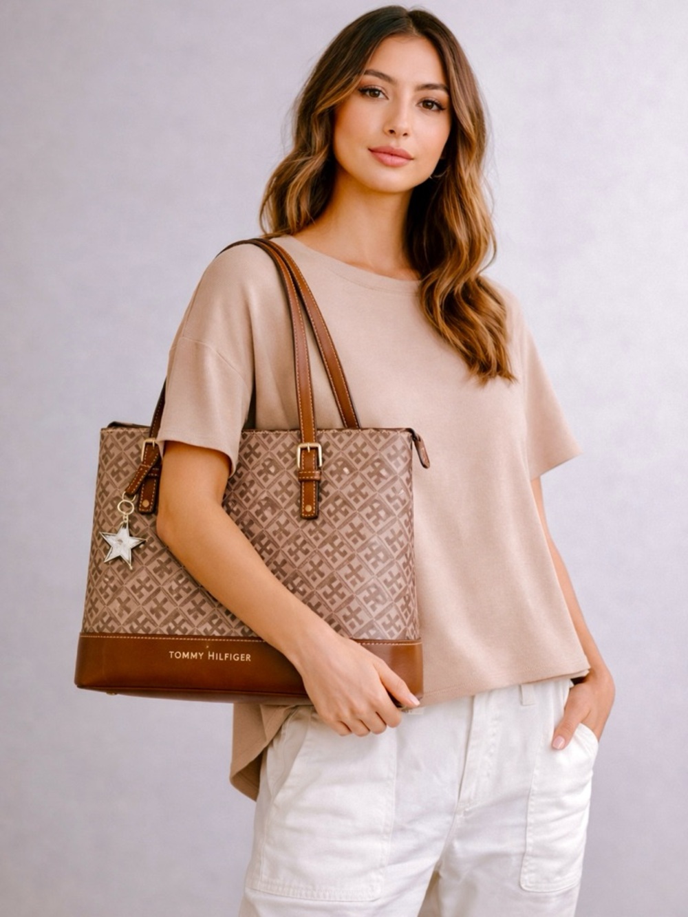 Tommy Hilfiger Tan Brown Signature Monogram Tote